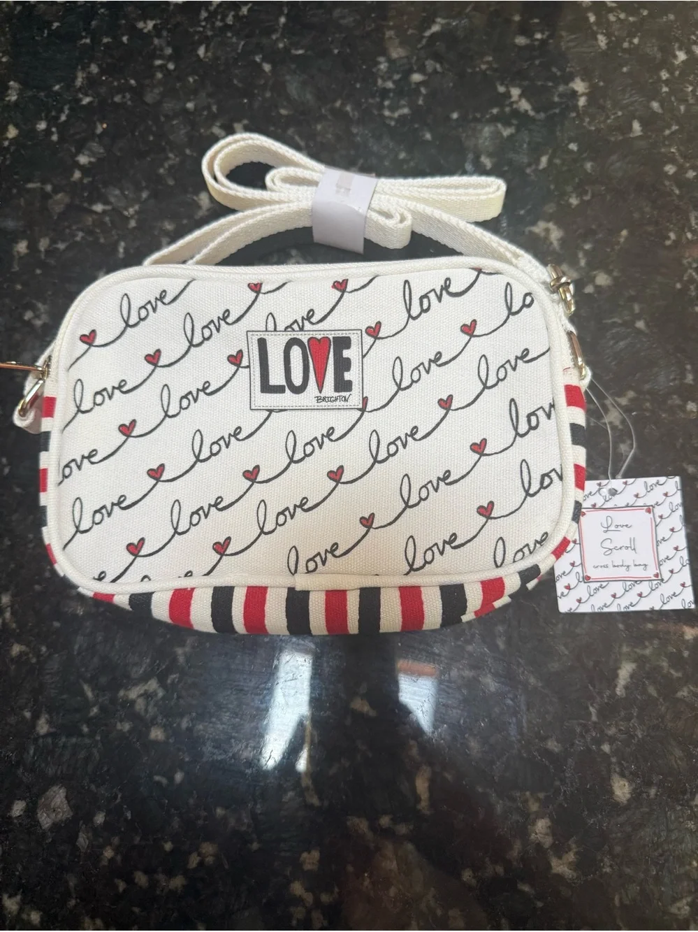 Brighton Love Scroll Canvas Crossbody Bag Heart Stripe Red White Black, NWT